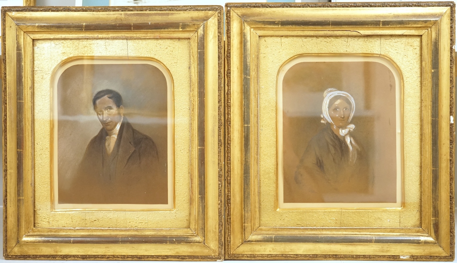 Mid Victorian School, Portraits of a lady and gentleman, unsigned, pair of heightened pastels, 24 x 17cm, gilt framed